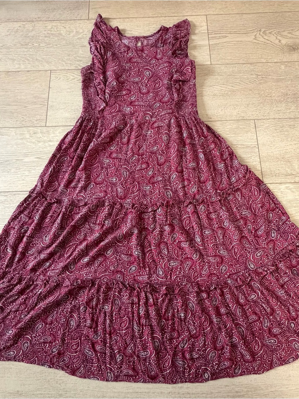 Paisley Ruffle Tiered Maxi Dress in Maroon